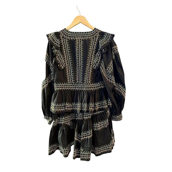ULLA JOHNSON Anais Mini Dress Ruffle Embroidered V-Neck Black Noir Cotton 2 NWT - Picture 6 of 15